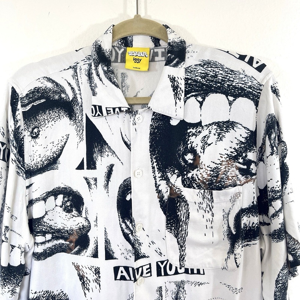 Iggy X Polar Skate Co Alternative Mens Shirt All Over Mouth Sz L  Button Up RARE - Picture 3 of 16